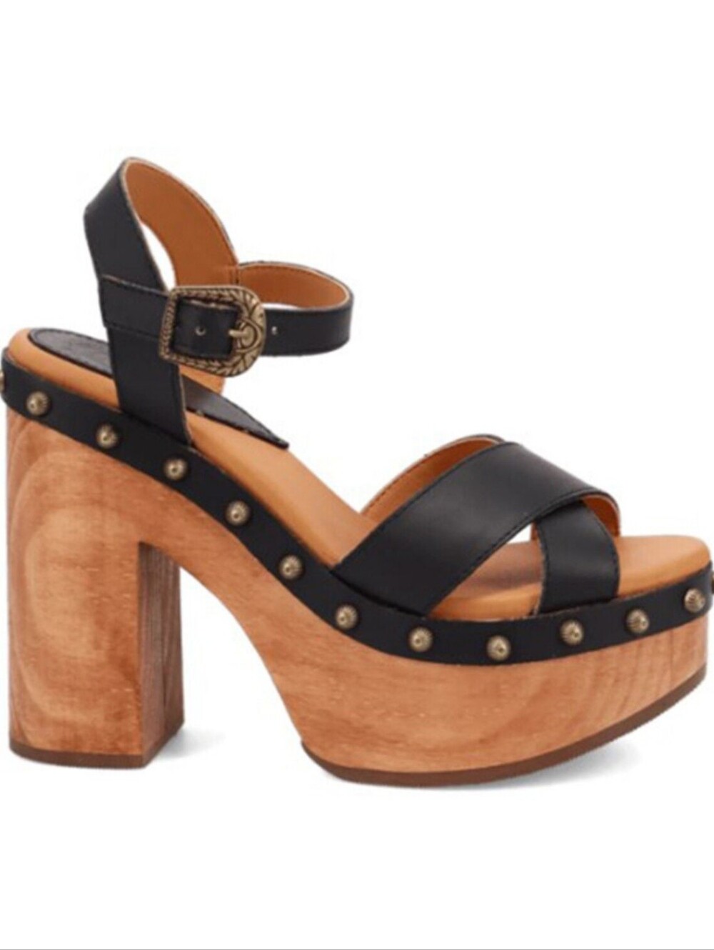 NEW Dingo Lotus Black Leather And Wood Block Platform Sandals Sz 10 Nailhead